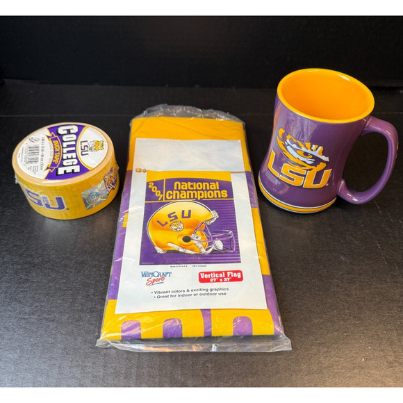 LSU Tigers Lot Mug, Duck Tape 10 yds, & 2007 Natl. Champs Flag - Picture 1 of 13
